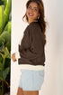 Raw Edge Flower Patch Drop Shoulder Contrast Rib Crewneck Long Sleeve Top
